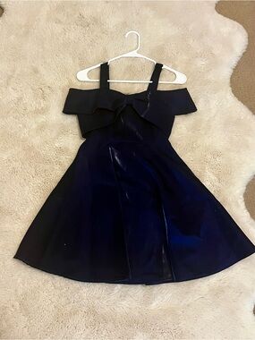 Girls Navy Off-Shoulder Party Dress with Bow Detail